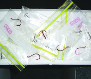 Having rigs of varying sizes pre-tied and stored in re-sealable plastic bags is far better than than trying to tie a up a stinger hook rig in middle of a hot bite.